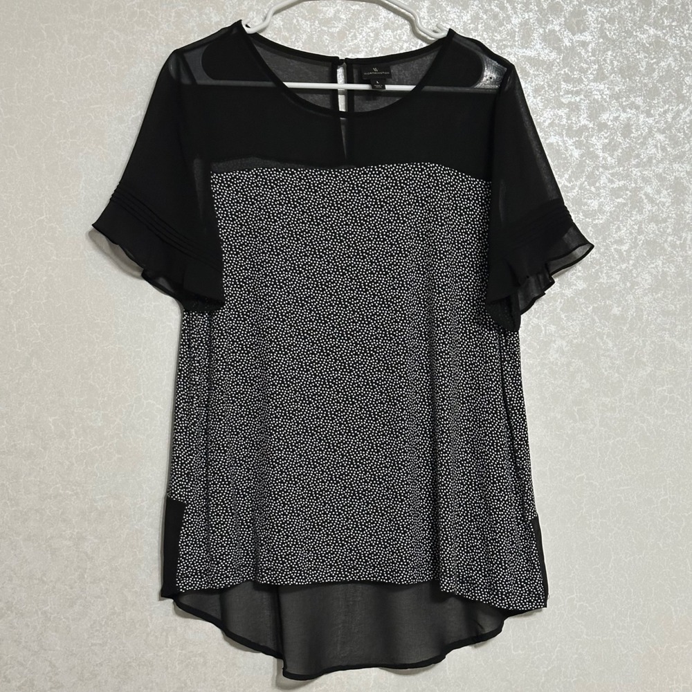 Worthington Polka Dot Ruffle Sleeve Blouse Sheer Mixed Media Black & White L